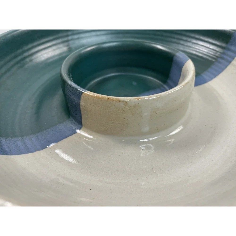 Chip Dip Signed Studio Pottery One Piece Serving Plater Green Blue Ivory Stripe